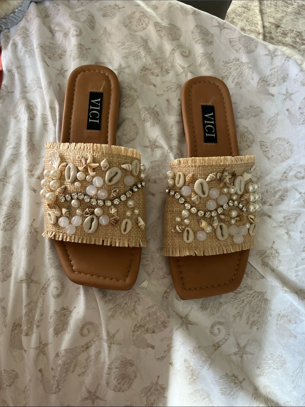 VICI Tan Beaded Shell Embellished Slide Sandals